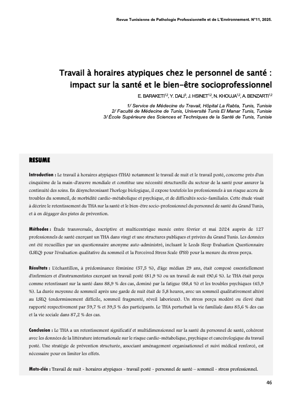 Couverture Travail à horaires atypiques chez le personnel de santé : impact sur la santé et le bien-être socioprofessionnel