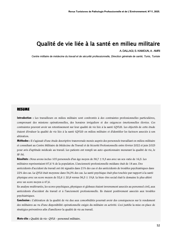 Couverture Qualité de vie liée à la santé en milieu militaire